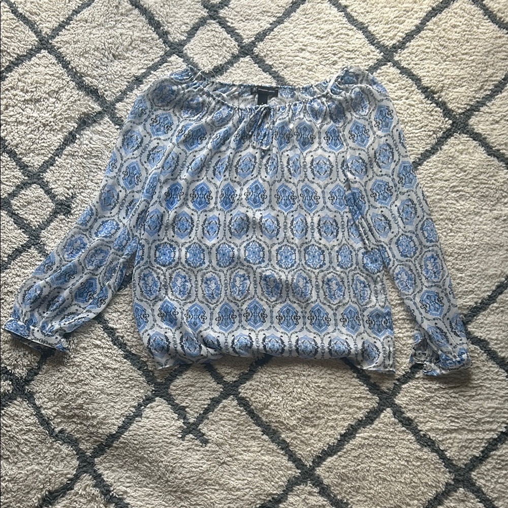 INC International Concepts Blue and White Smocked Blouse